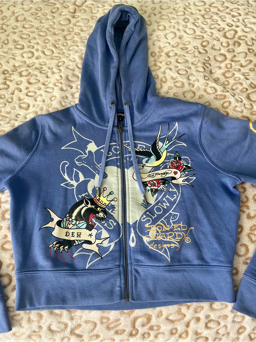 Ed Hardy Blue Graphic Zip Hoodie with Tattoo Art